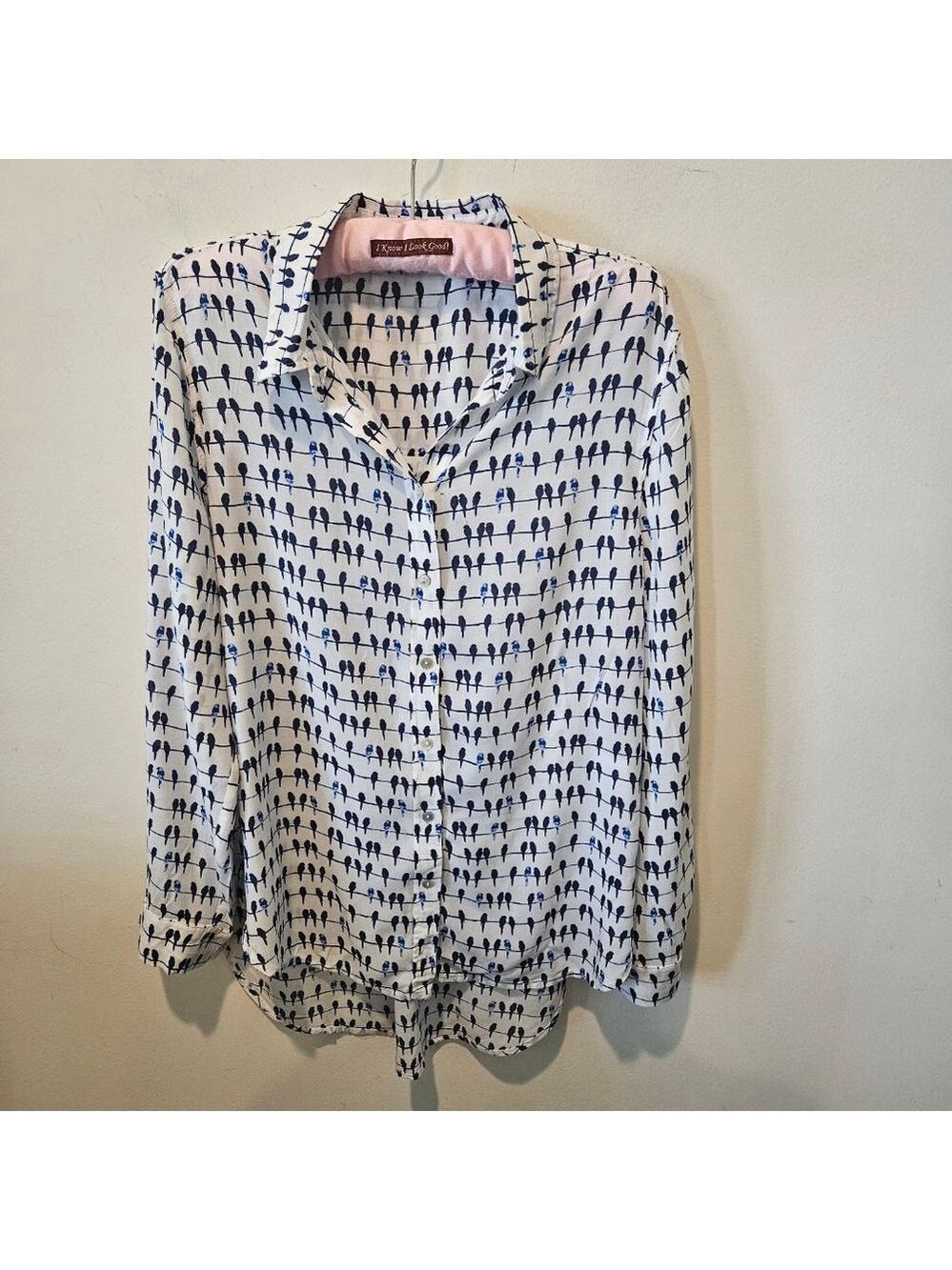 Women's Jane and Delancey Birds on a Wire Button-Down Blouse Size M White Blue